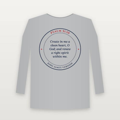 Psalm 51:10 KJV Christian Long Sleeve Tee (Round Badge) - Heather Gray