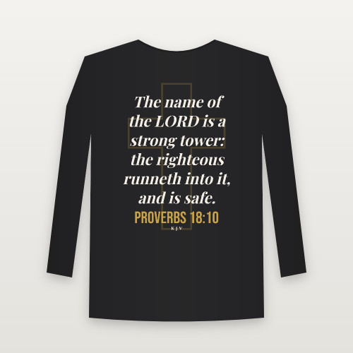 Proverbs 18:10 KJV Christian Long Sleeve Tee (Cross) - Black