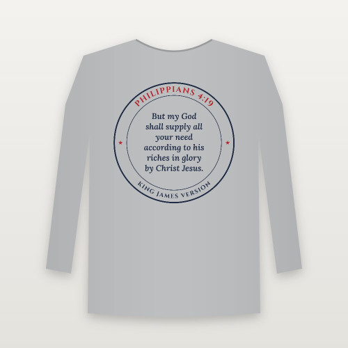Philippians 4:19 KJV Christian Long Sleeve Tee (Round Badge) - Heather Gray