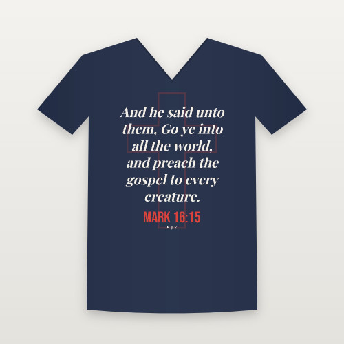 Mark 16:15 KJV Christian V-Neck Tee (Cross) - Navy