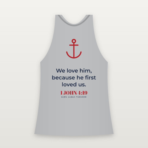 1 John 4:19 KJV Christian Women's Racerback Tank (Anchor) - Heather Gray