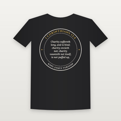 1 Corinthians 13:4 KJV Christian T-Shirt (Round Badge) - Black