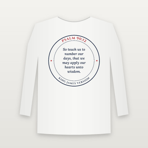 Psalm 90:12 KJV Christian Youth Long Sleeve Tee (Round Badge) - White