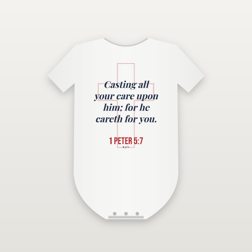 1 Peter 5:7 KJV Christian Baby Bodysuit (Cross) - White