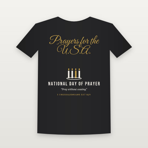 Prayers for the U.S.A. National Day of Prayer Christian Short Sleeve Tee with 1 Thessalonians 5:17 (Holiday Script) - Black