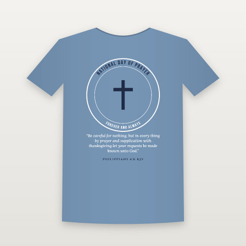 National Day of Prayer Christian Short Sleeve Tee with Philippians 4:6 (Emblem Badge) - Heather Blue