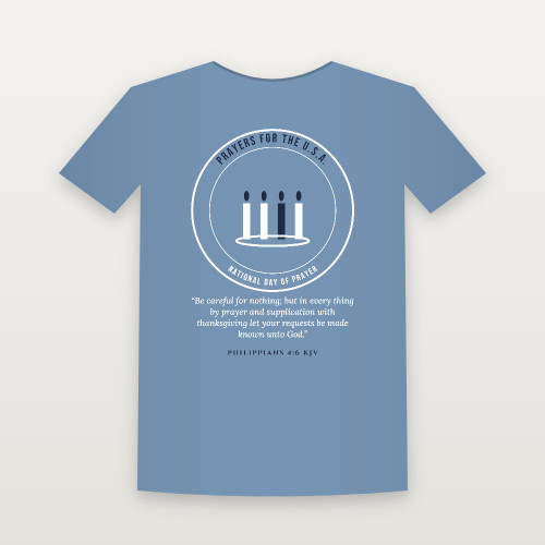 Prayers for the U.S.A. National Day of Prayer Christian Short Sleeve Tee with Philippians 4:6 (Emblem Badge) - Heather Blue