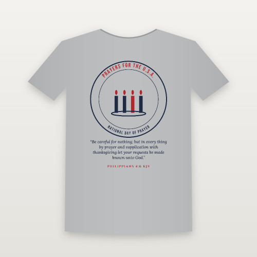 Prayers for the U.S.A. National Day of Prayer Christian Short Sleeve Tee with Philippians 4:6 (Emblem Badge) - Heather Gray