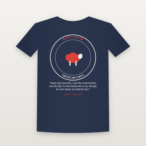 Happy Easter Christian Short Sleeve Tee with John 11:25 (Emblem Badge) - Navy