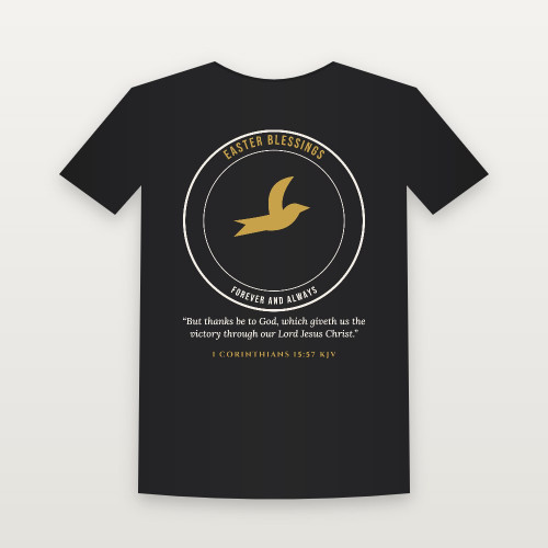 Easter Blessings Christian Women's Relaxed Tee with 1 Corinthians 15:57 (Emblem Badge) - Black