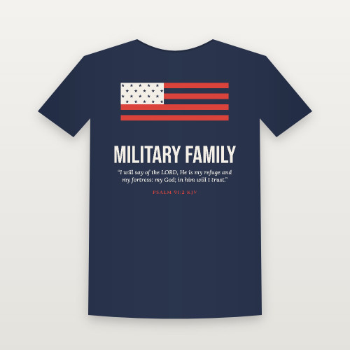 Military Family Veteran Short Sleeve Tee with Psalm 91:2 (Flag) - Navy