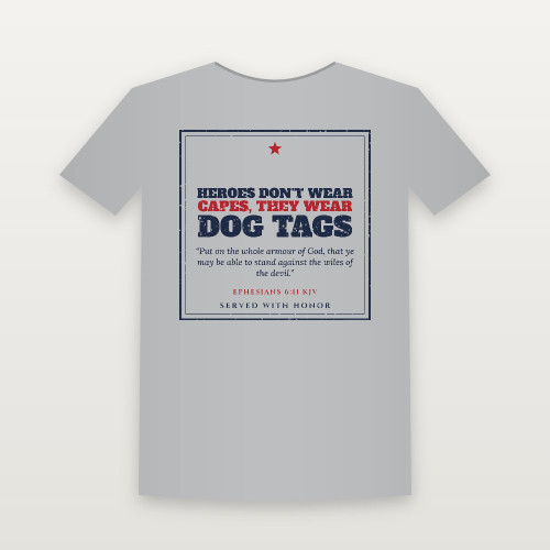 Heroes Don't Wear Capes, They Wear Dog Tags Veteran Short Sleeve Tee with Ephesians 6:11 (Vintage Frame) - Heather Gray