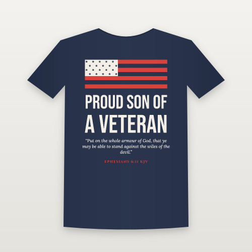 Proud Son of a Veteran Short Sleeve Tee with Ephesians 6:11 (Flag) - Navy