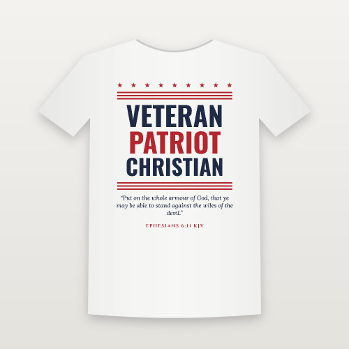 Veteran · Patriot · Christian Short Sleeve Tee with Ephesians 6:11 (Stars & Stripes) - White