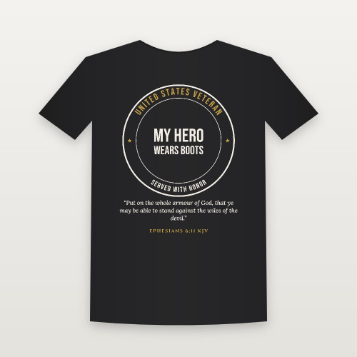 My Hero Wears Boots Veteran Short Sleeve Tee with Ephesians 6:11 (Badge) - Black
