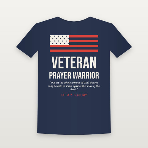 Veteran · Prayer Warrior Short Sleeve Tee with Ephesians 6:11 (Flag) - Navy