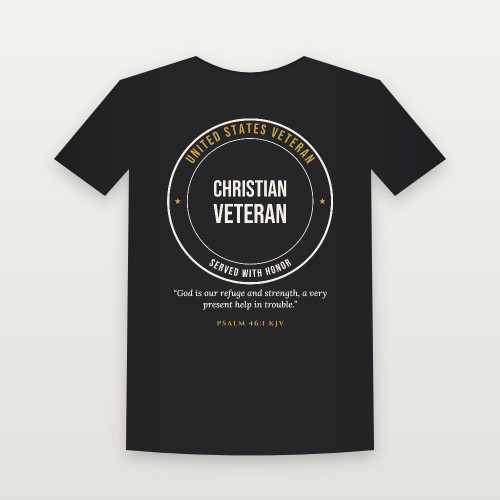 Christian Veteran Short Sleeve Tee with Psalm 46:1 (Badge) - Black