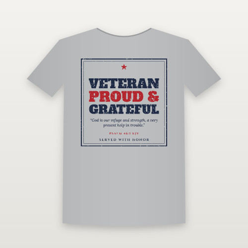 Veteran · Proud & Grateful Short Sleeve Tee with Psalm 46:1 (Vintage Frame) - Heather Gray