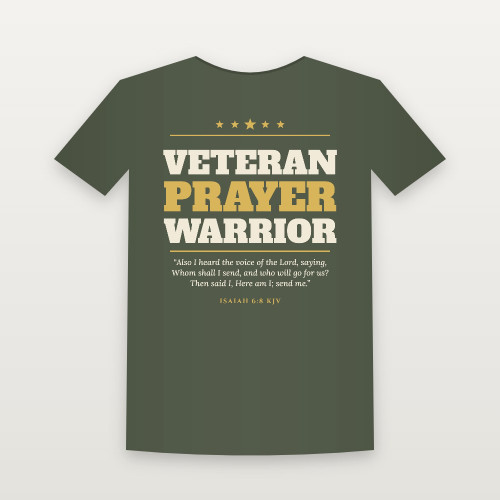 Veteran · Prayer Warrior Short Sleeve Tee with Isaiah 6:8 (Star Banner) - Military Green