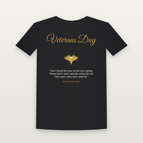 Veterans Day Christian Short Sleeve Tee with Isaiah 6:8 (Holiday Script) - Black