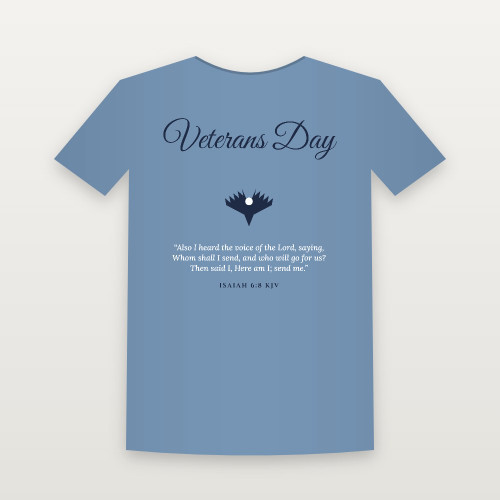 Veterans Day Christian Short Sleeve Tee with Isaiah 6:8 (Holiday Script) - Heather Blue