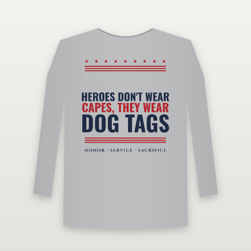 Heroes Don't Wear Capes, They Wear Dog Tags Veteran Long Sleeve Tee (Stars & Stripes) - Heather Gray