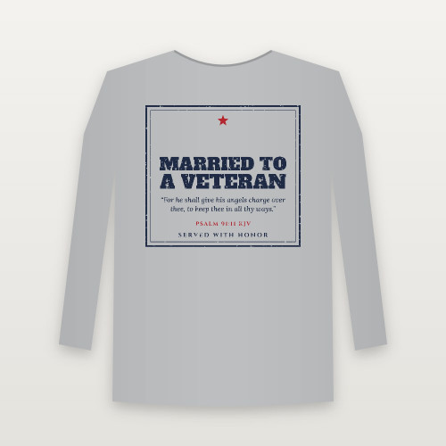 Married to a Veteran Long Sleeve Tee with Psalm 91:11 (Vintage Frame) - Heather Gray