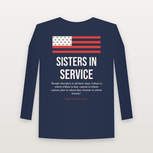 Sisters in Service Veteran Long Sleeve Tee with Romans 13:7 (Flag) - Navy