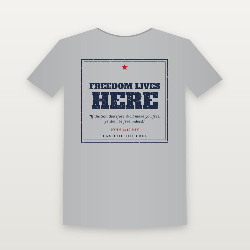Freedom Lives Here Patriotic Short Sleeve Tee with John 8:36 (Vintage Frame) - Heather Gray