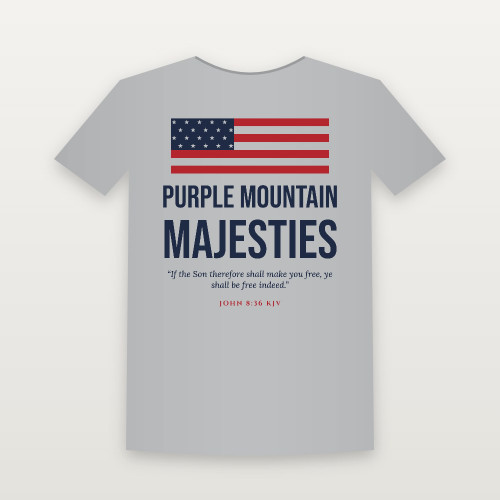 Purple Mountain Majesties Patriotic Short Sleeve Tee with John 8:36 (Flag) - Heather Gray