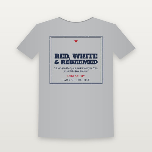 Red, White & Redeemed Patriotic Short Sleeve Tee with John 8:36 (Vintage Frame) - Heather Gray