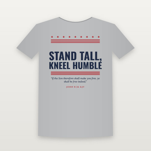 Stand Tall, Kneel Humble Patriotic Short Sleeve Tee with John 8:36 (Stars & Stripes) - Heather Gray