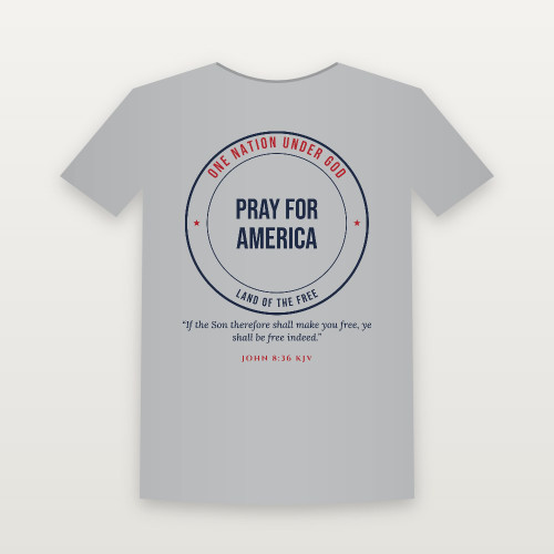 Pray for America Patriotic Short Sleeve Tee with John 8:36 (Badge) - Heather Gray