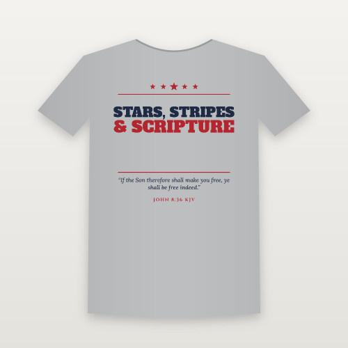 Stars, Stripes & Scripture Patriotic Short Sleeve Tee with John 8:36 (Star Banner) - Heather Gray