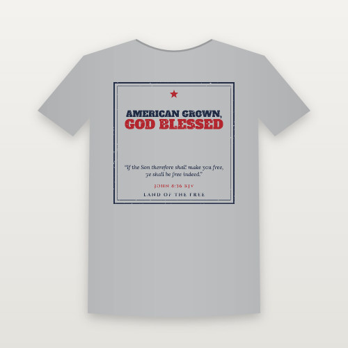 American Grown, God Blessed Patriotic Short Sleeve Tee with John 8:36 (Vintage Frame) - Heather Gray