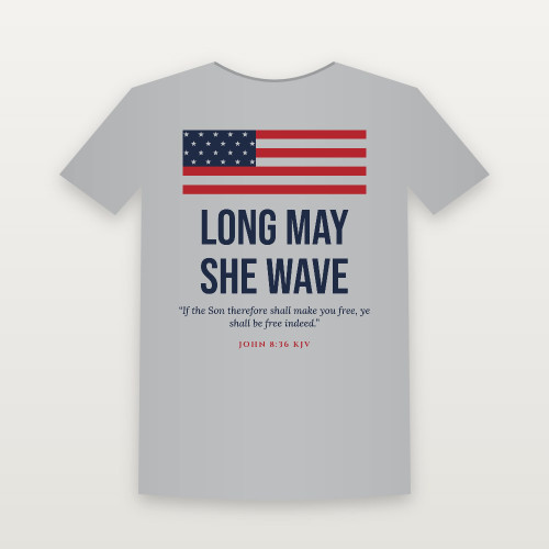 Long May She Wave Patriotic Short Sleeve Tee with John 8:36 (Flag) - Heather Gray