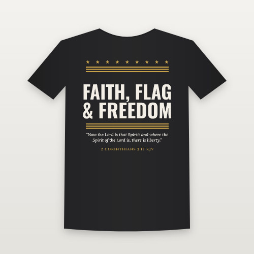 Faith, Flag & Freedom Patriotic Short Sleeve Tee with 2 Corinthians 3:17 (Stars & Stripes) - Black