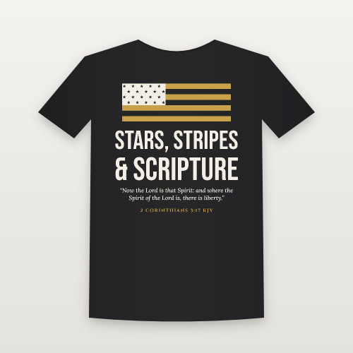 Stars, Stripes & Scripture Patriotic Short Sleeve Tee with 2 Corinthians 3:17 (Flag) - Black