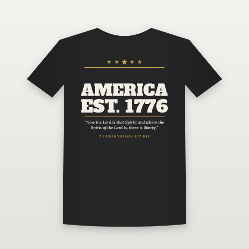 America · Est. 1776 Patriotic Short Sleeve Tee with 2 Corinthians 3:17 (Star Banner) - Black