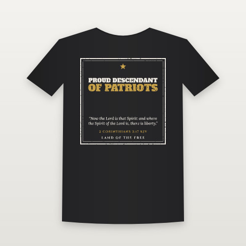 Proud Descendant of Patriots Short Sleeve Tee with 2 Corinthians 3:17 (Vintage Frame) - Black