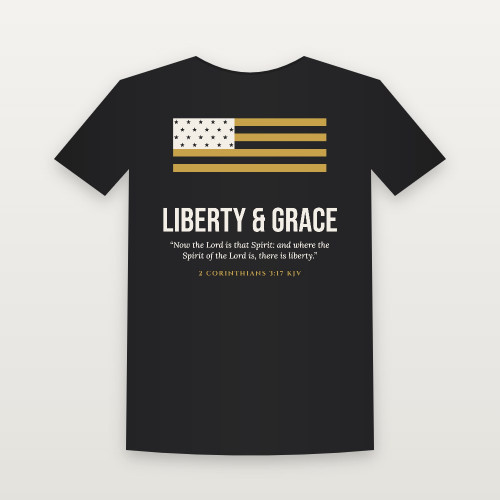 Liberty & Grace Patriotic Short Sleeve Tee with 2 Corinthians 3:17 (Flag) - Black