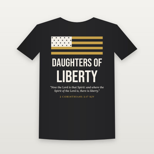 Daughters of Liberty Patriotic Short Sleeve Tee with 2 Corinthians 3:17 (Flag) - Black