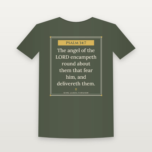 Psalm 34:7 KJV Christian Short Sleeve Tee (Framed) - Military Green