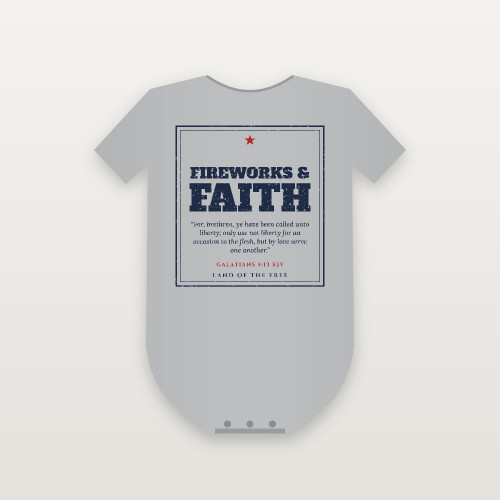 Fireworks & Faith Patriotic Baby One Piece with Galatians 5:13 (Vintage Frame) - Heather Gray