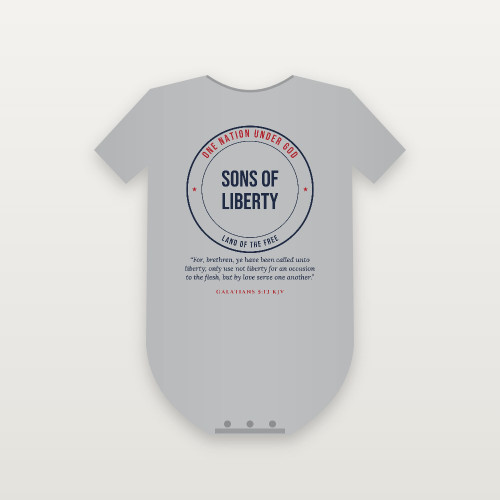 Sons of Liberty Patriotic Baby One Piece with Galatians 5:13 (Badge) - Heather Gray