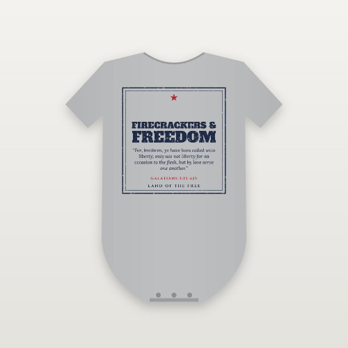 Firecrackers & Freedom Patriotic Baby One Piece with Galatians 5:13 (Vintage Frame) - Heather Gray
