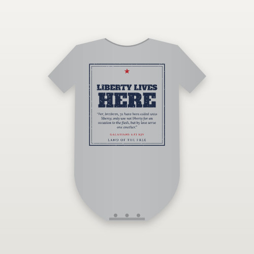 Liberty Lives Here Patriotic Baby One Piece with Galatians 5:13 (Vintage Frame) - Heather Gray