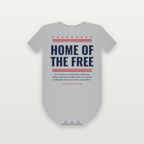 Home of the Free Patriotic Baby One Piece with Galatians 5:13 (Stars & Stripes) - Heather Gray