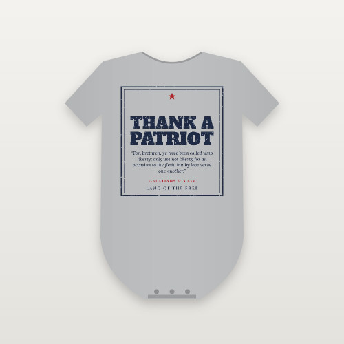 Thank a Patriot Baby One Piece with Galatians 5:13 (Vintage Frame) - Heather Gray