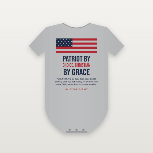 Patriot by Choice, Christian by Grace Baby Bodysuit with Galatians 5:13 (Flag) - Heather Gray